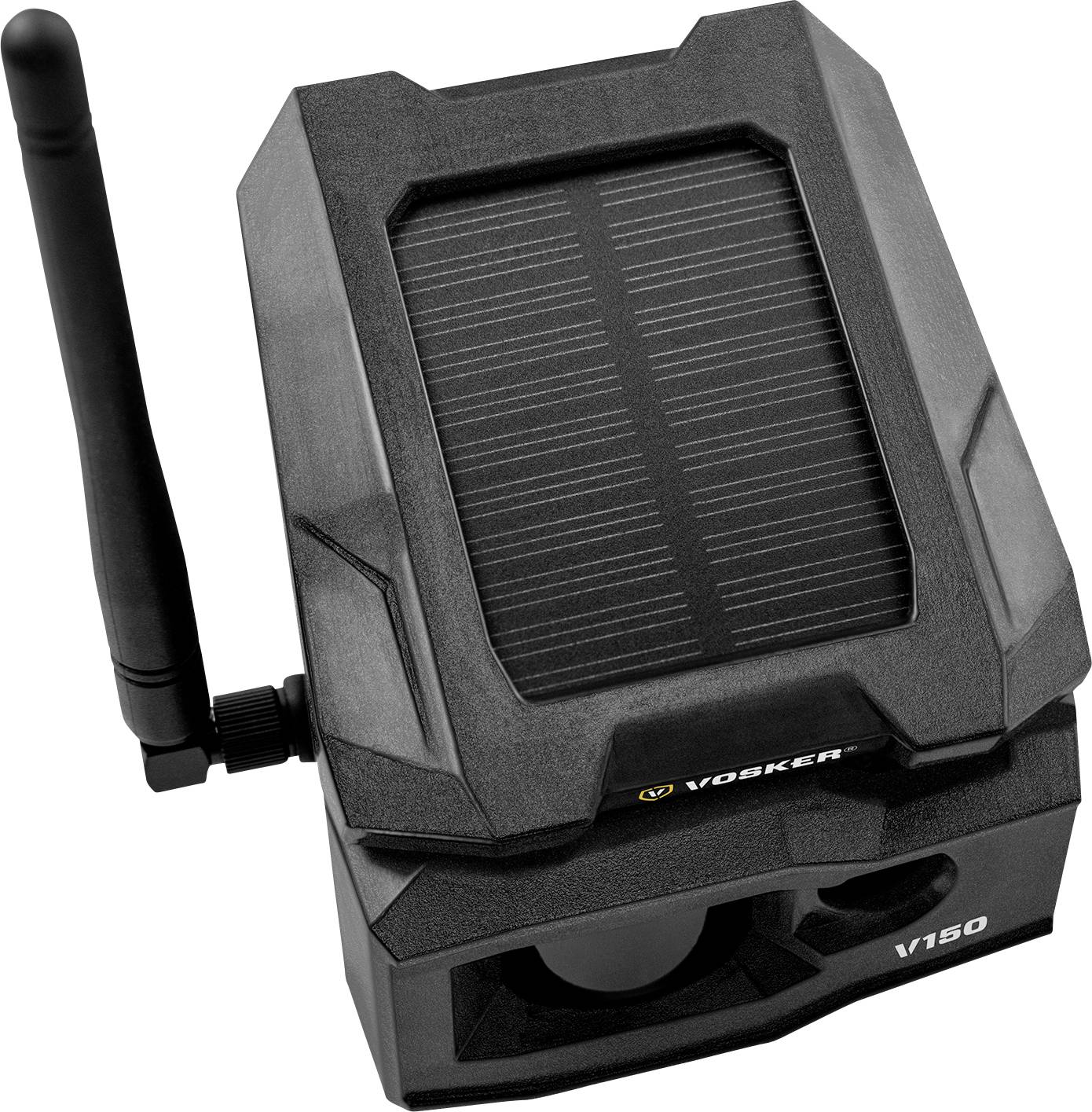 A black, portable surveillance device with solar panel, antenna, and camera by VOSKER, named V150.