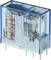 A blue relay with printed text, displaying voltage (250V) and current (16A). Visible copper coil and metal contacts.