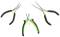 Three different green-black pliers: top left standard pliers, top right long-nose pliers, bottom wire cutters.