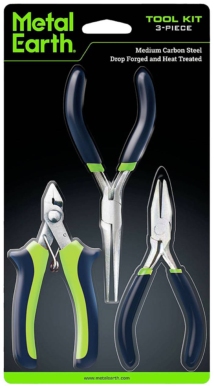 'Three-piece tool set made of medium-strength carbon steel, comprising side cutters, long-nose pliers, and flat-nose pliers.'