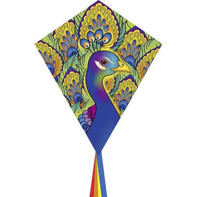 A colourful kite with a peacock motif, displaying vibrantly feathered details. Perfect for lively and colourful flying games.