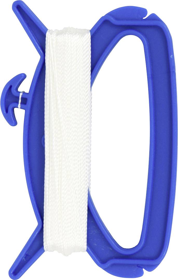 A blue kite line winder with white string, used for winding and controlling the kite line when flying a kite.