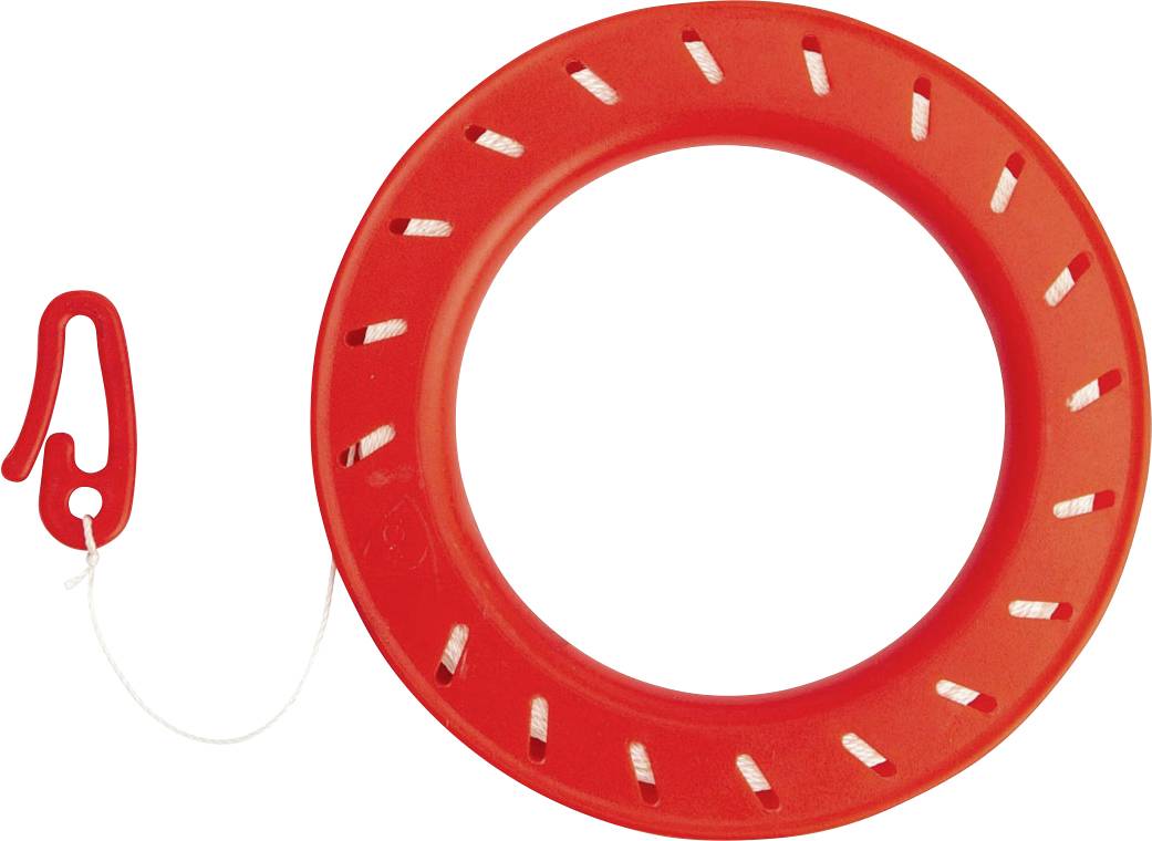 A red, circular dragon-ring handle with a white string and red hook for flying kites outdoors.