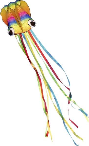 A colourful kite in the shape of a squid with long, vibrant ribbons serving as tentacles.