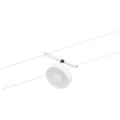 A white cylindrical lamp is suspended from two parallel tensioned cables.