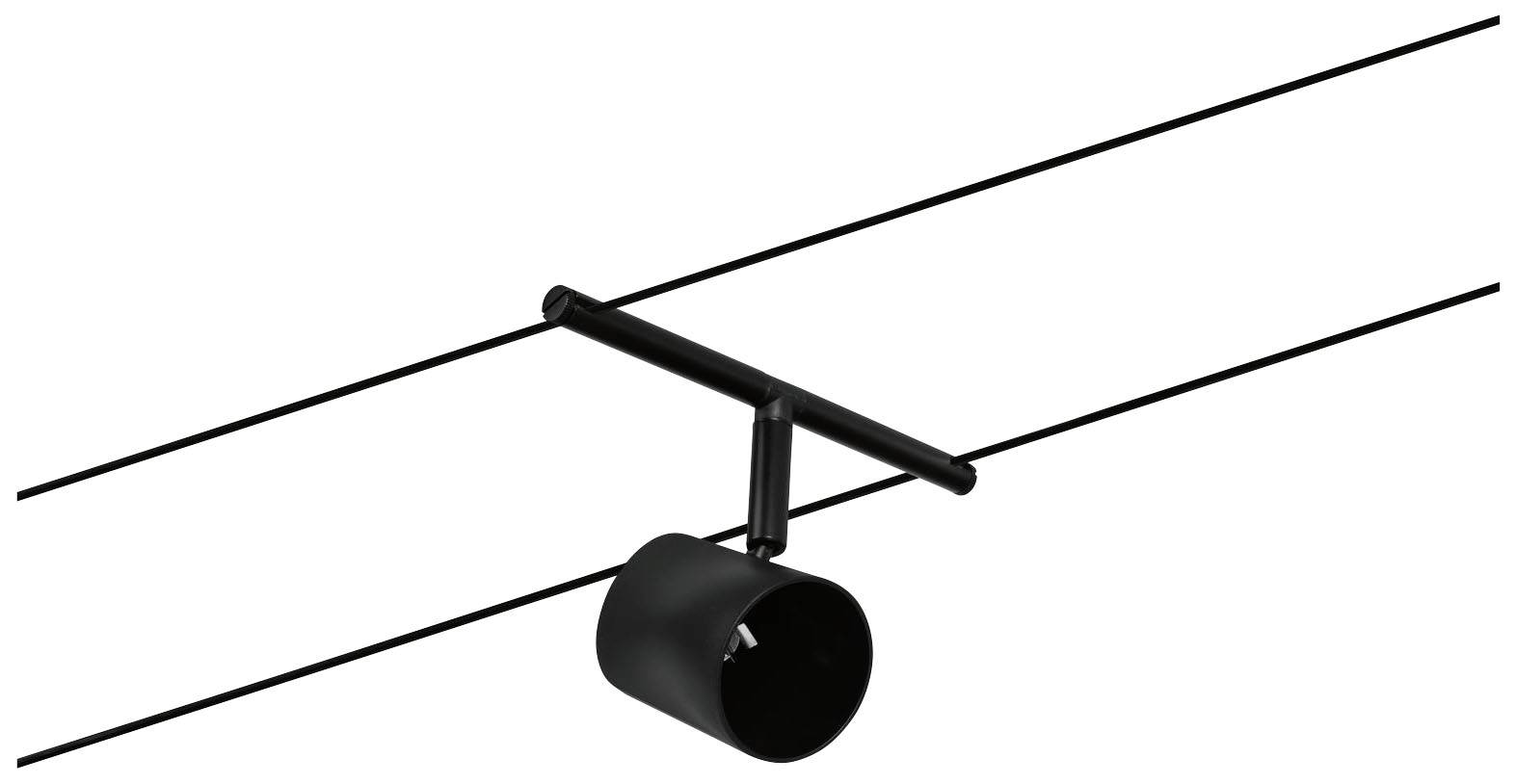 Black track light with a cylindrical housing for track lighting, suitable for modern interior design.
