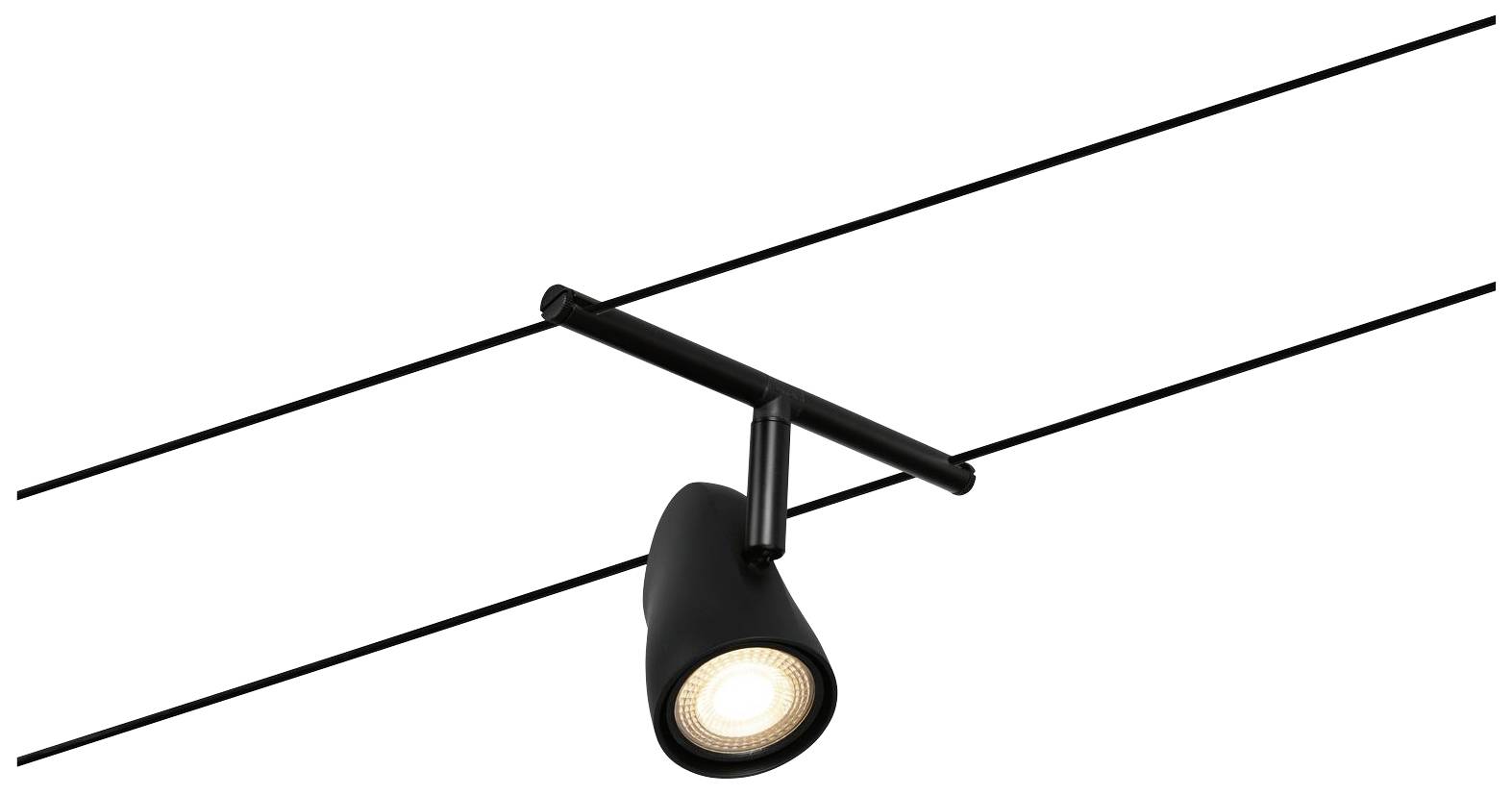 A single black spotlight is suspended from an electrical track and shines downwards.
