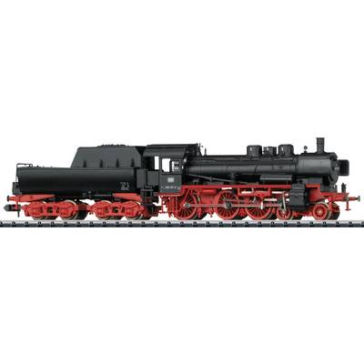 A black steam locomotive with red wheels stands on a railway track. It has a large chimney and numerous visible details.