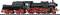 A black steam locomotive with red wheels stands on a railway track. It has a large chimney and numerous visible details.