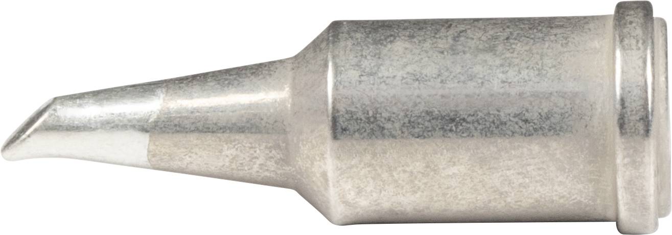 Soldering tip with a conical shape and slightly angled point, made of metallic material, suitable for fine soldering work.
