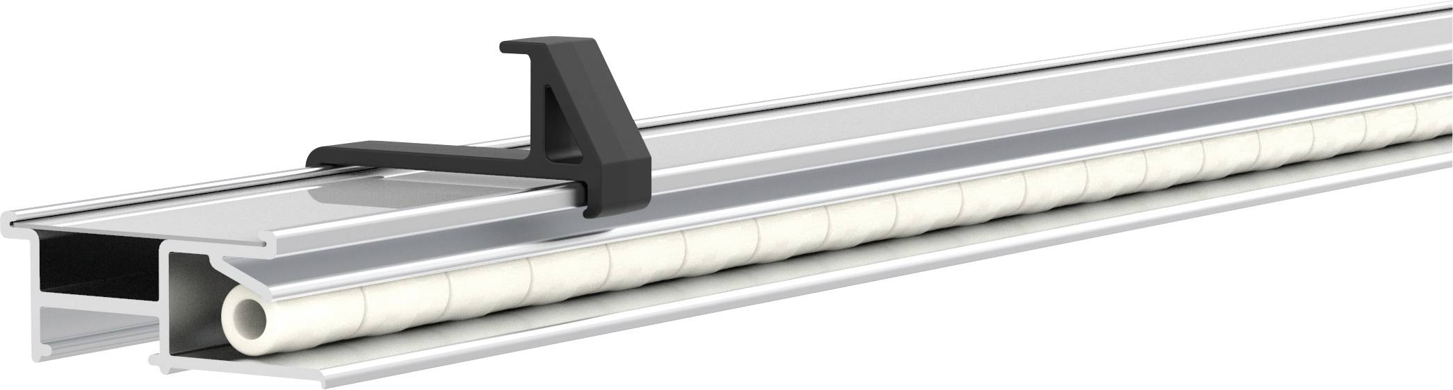 Aluminium rail with a black plastic holder, containing a white tube; potentially part of an assembly system.