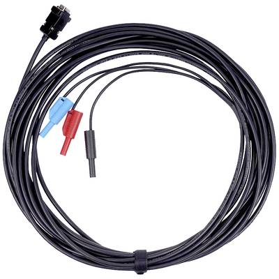 A long, black cable with three differently coloured clips at one end: red, blue and black. Ideal for electrical connections.