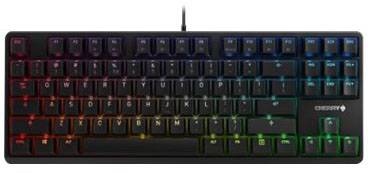 A black keyboard with colourful RGB lighting. The keys are arranged in rows, each illuminated in a different colour.