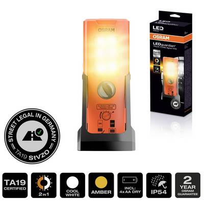 A portable LED light by OSRAM, model 'LEDguardian'. It is designed for use in a car, offers cool and amber light, and is approved for road use in Germany.