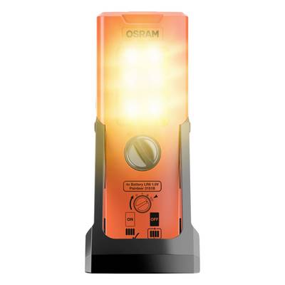 A bright orange lamp with a black base, illuminating strongly at the top. Brand name at the top, three switches at the front. Operates using batteries.