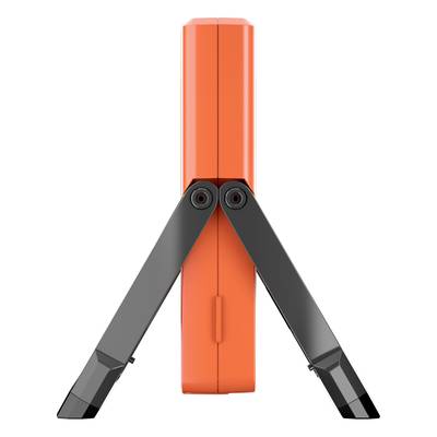 An orange, foldable device with two black legs that are extended to provide stability.