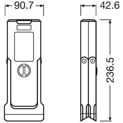 Technical drawing of a rectangular device with dimensions: height 236.5 mm, width 42.6 mm, length 90.7 mm, with central button.