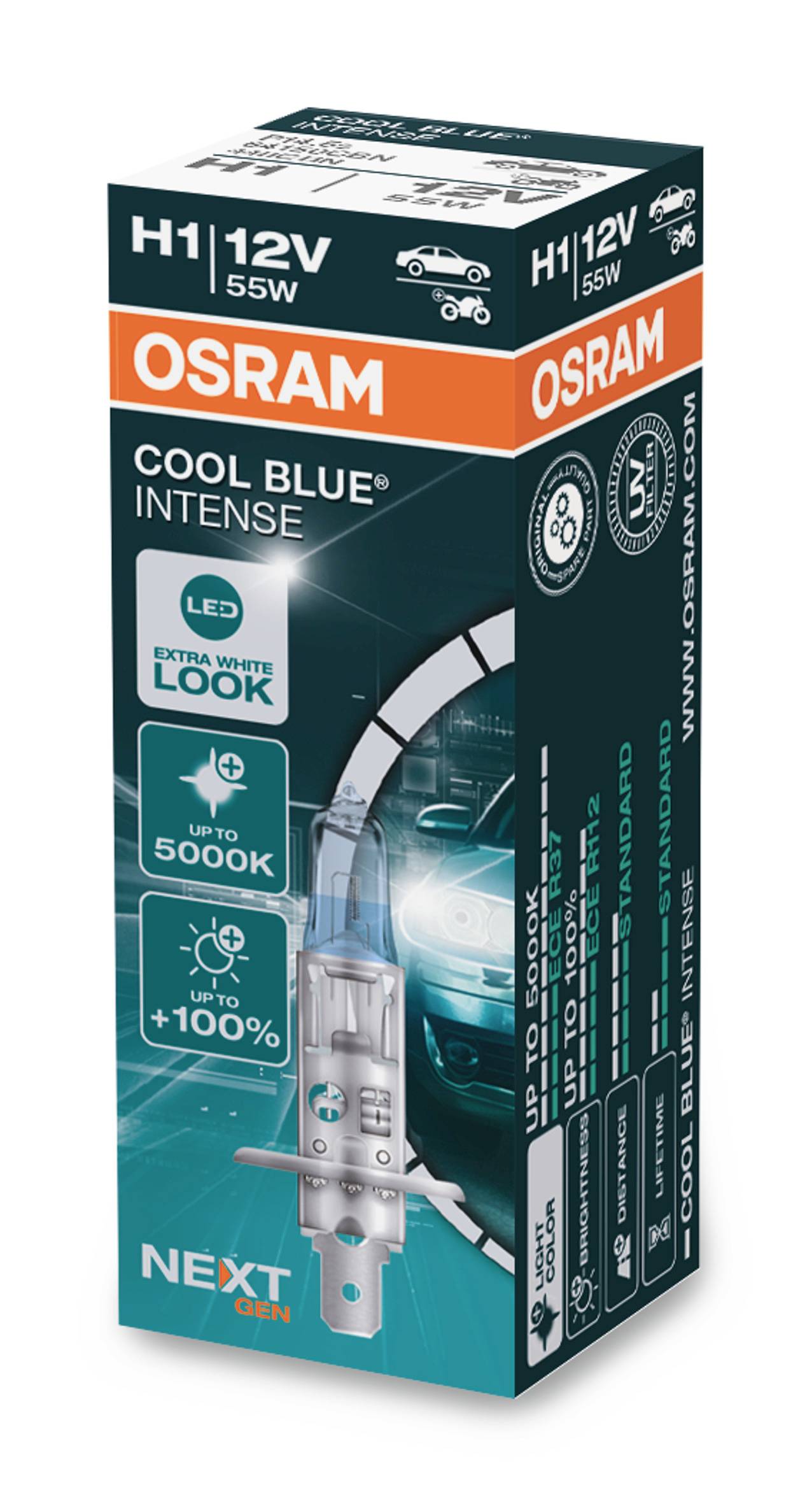 An OSRAM packaging for an H1 12V 55W car bulb, model 'Cool Blue Intense', LED, extra white light up to 5000K.