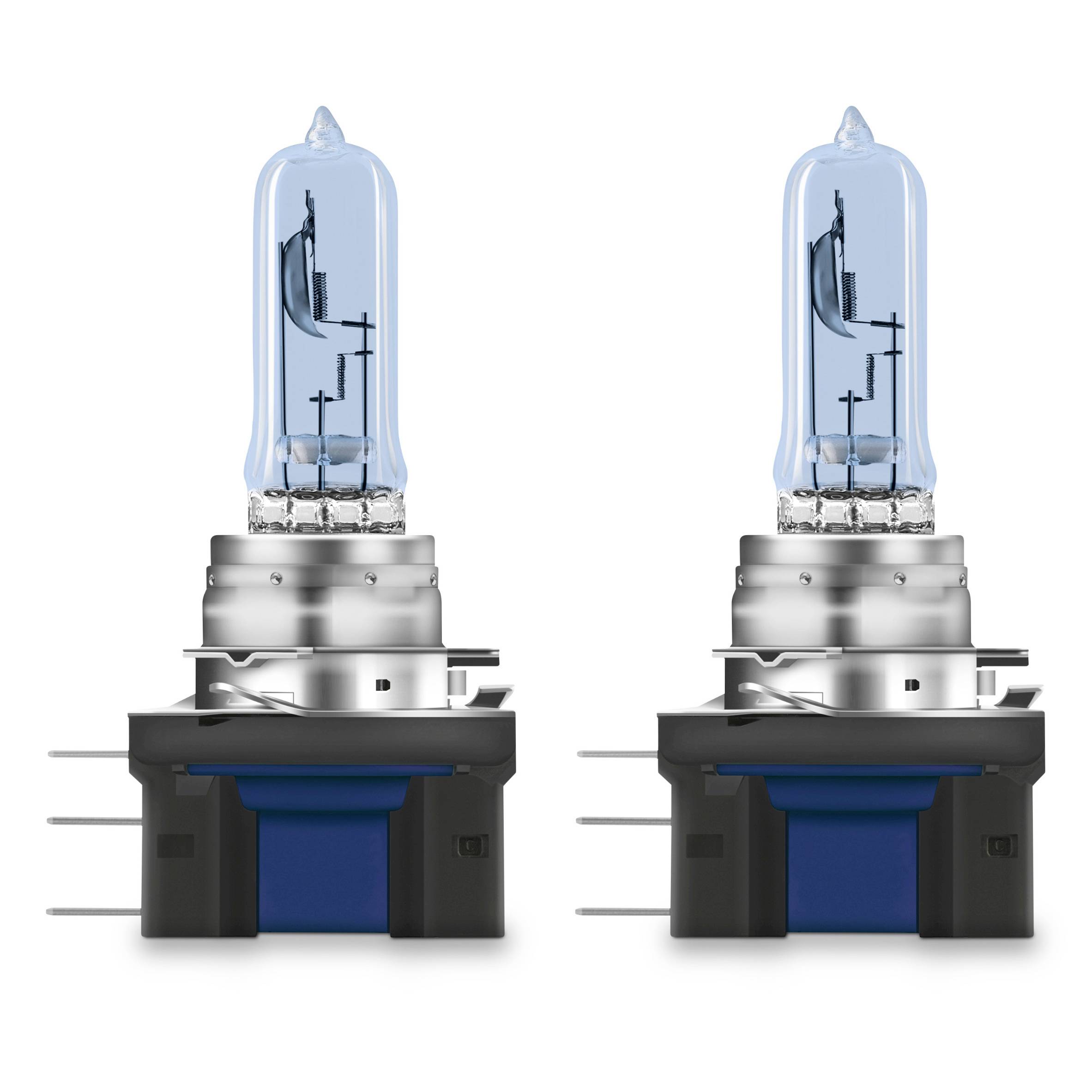 Two clear halogen lamps with metallic bases, positioned side by side. They have an elongated glass shape and are suitable for vehicle lighting.
