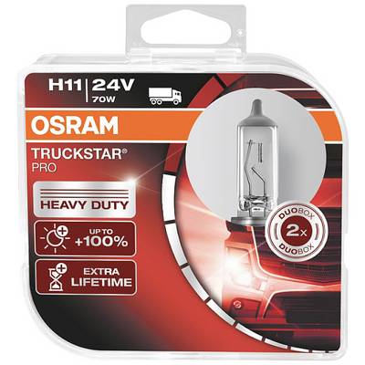 Osram H11 24V 70W Truckstar Pro Bulb Packaging, showing 'Heavy Duty', 'Up to +100%' Brightness, 'Extra Lifetime', 2-Pack.