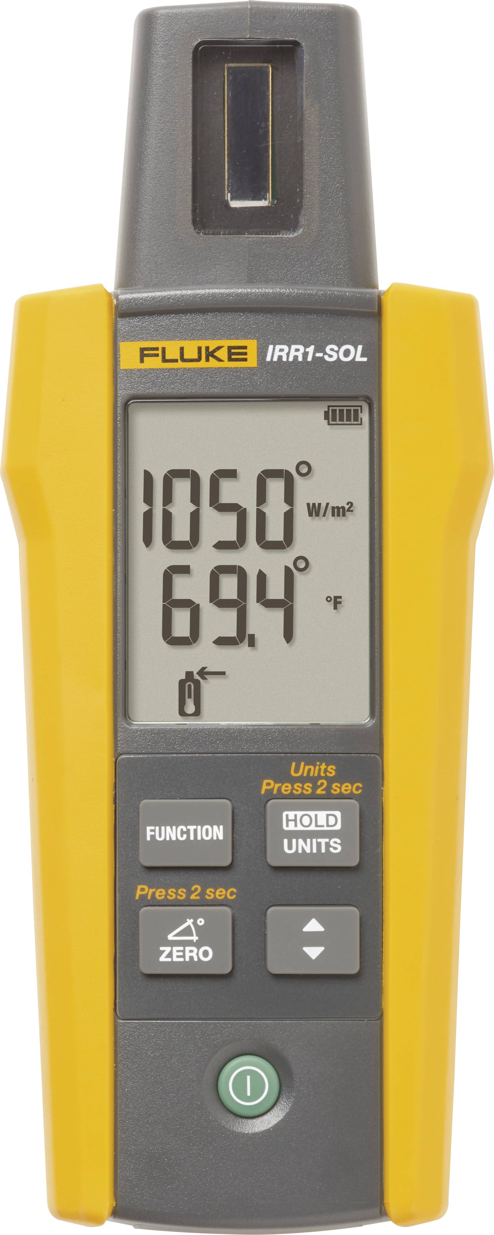 A yellow-grey digital solar measuring device displays '1050 W/m²' and '69.4°' on the screen. Buttons for functions and settings are visible.