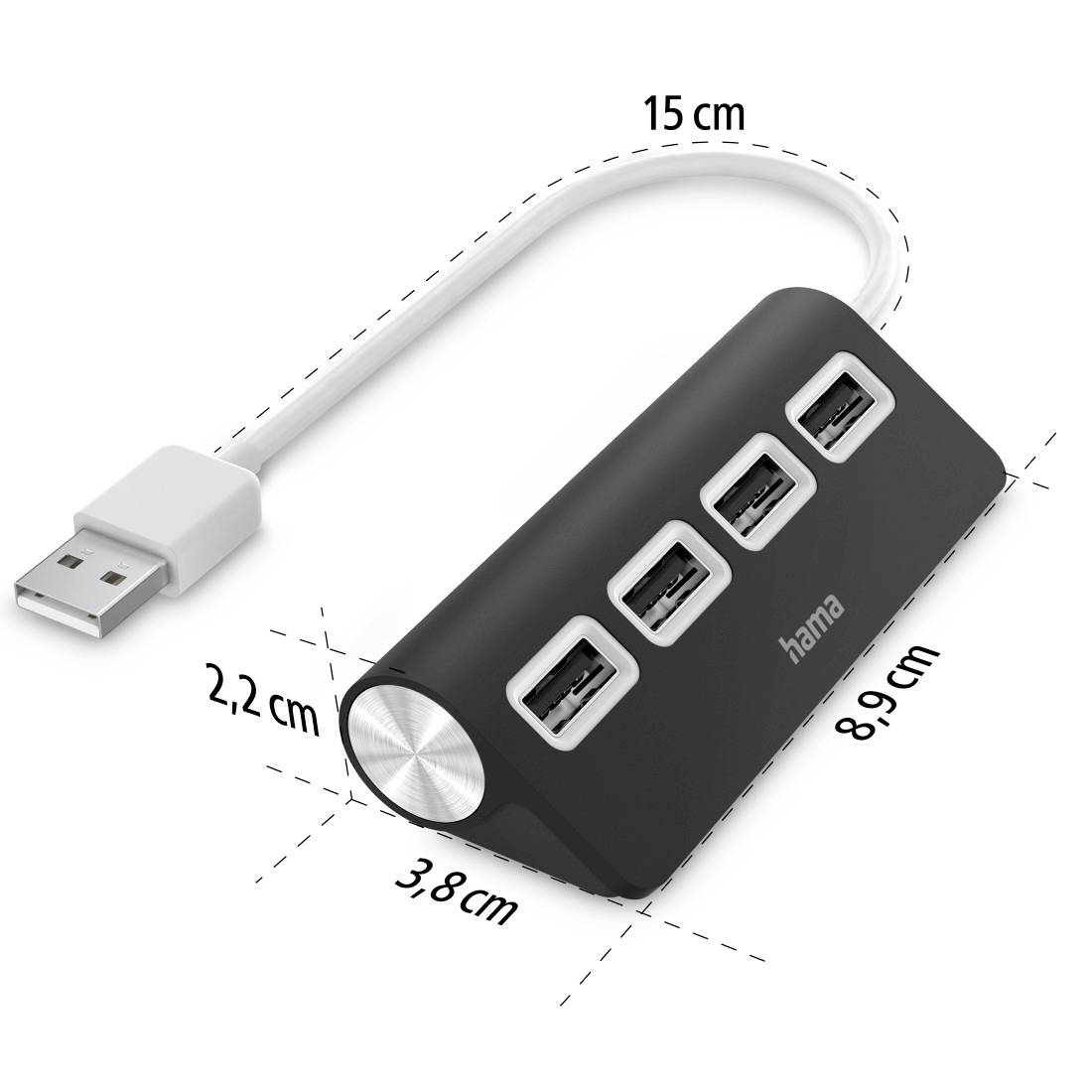 USB Hub with 4 Ports, black casing, white cables, dimensions: 15 cm cable length, 3.8 cm width, 2.2 cm height, 8.9 cm length.