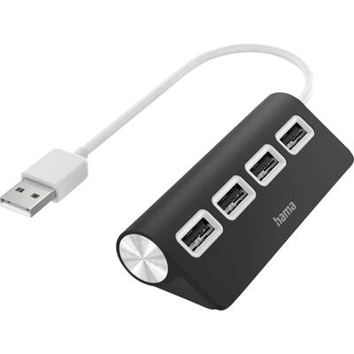 A black USB hub with four USB ports and a USB cable; suitable for connecting multiple devices to a computer.