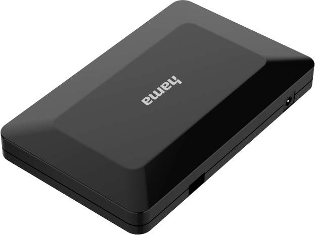 A black, rectangular hard drive with rounded corners and the white 'Hama' lettering on its surface.