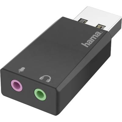A black USB audio adapter with sockets for microphone (pink) and headphones (green), brand 'Hama'.