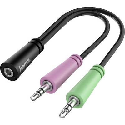 A black audio adapter with two coloured 3.5mm jack plugs: pink and green. Connects headphones with devices to share audio.