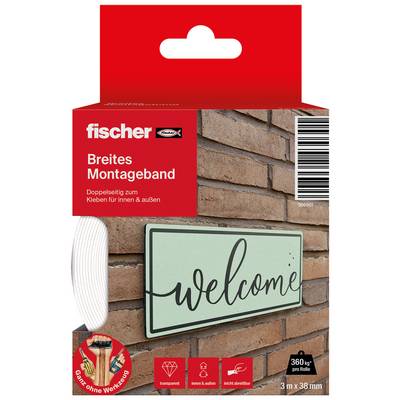 Package of fischer 'Breites Montagband' double-sided mounting tape for indoor and outdoor use, shown on a brick wall holding a 'welcome' sign.