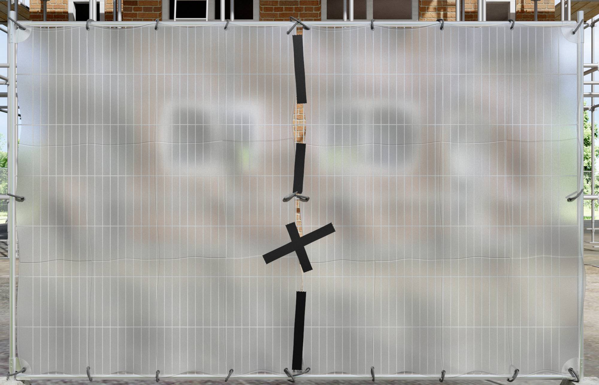 Construction sign made of white tarpaulin repaired with mesh and black tape, with a blurred brick building visible behind it.