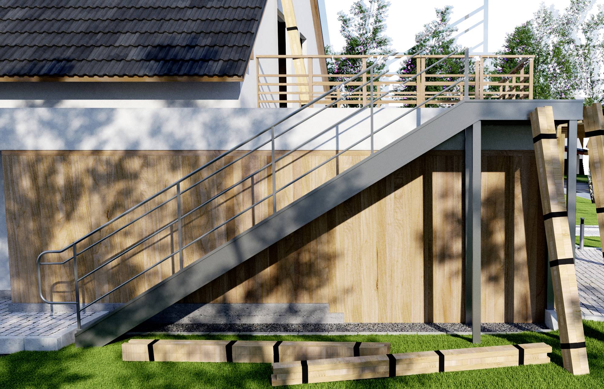 A side external staircase on a modern building with wooden elements leading to a roof terrace. Trees are visible in the background.
