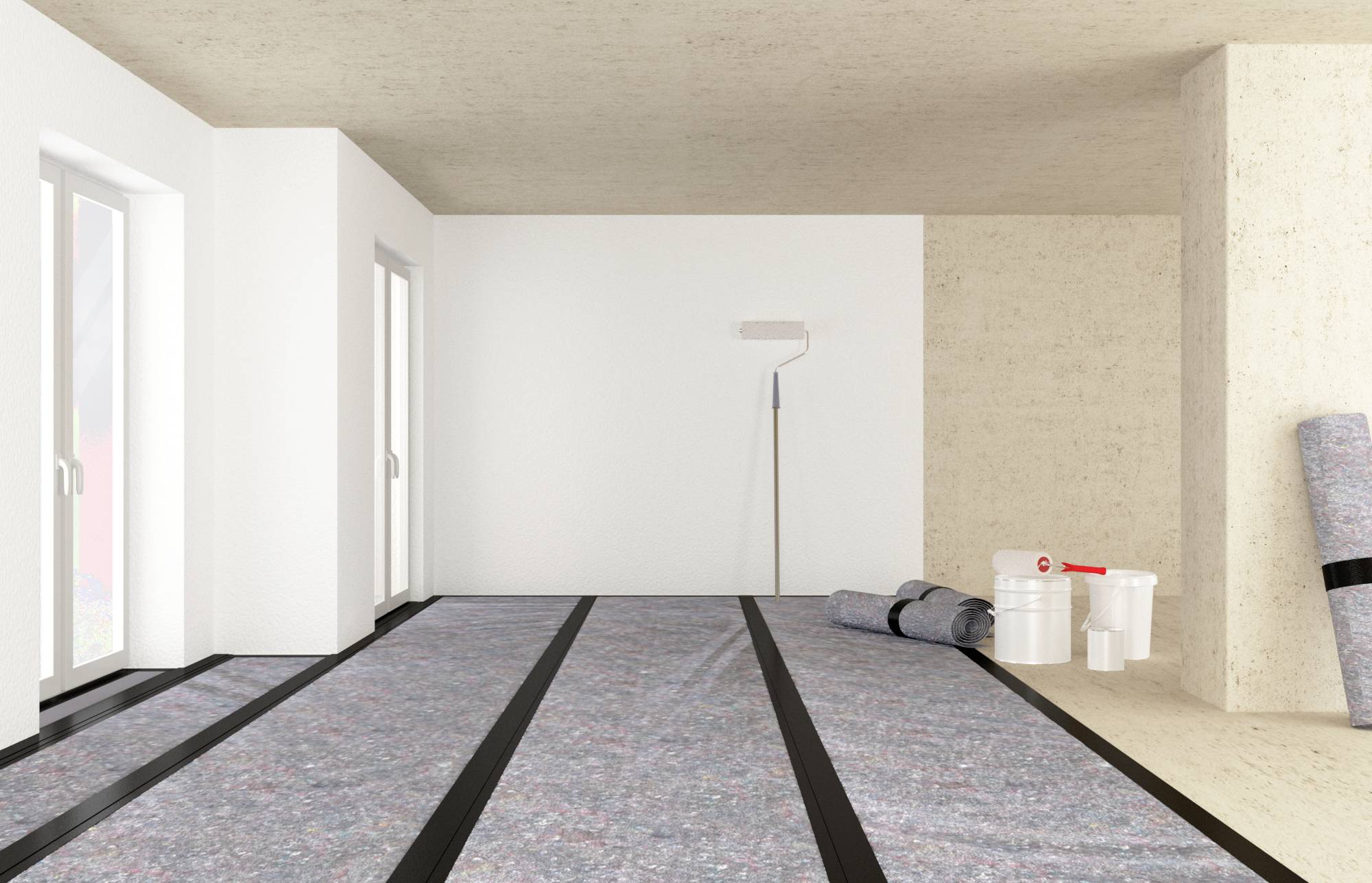 A room with a freshly renovated floor and a white wall. Painting supplies such as buckets and paint rollers are visible.