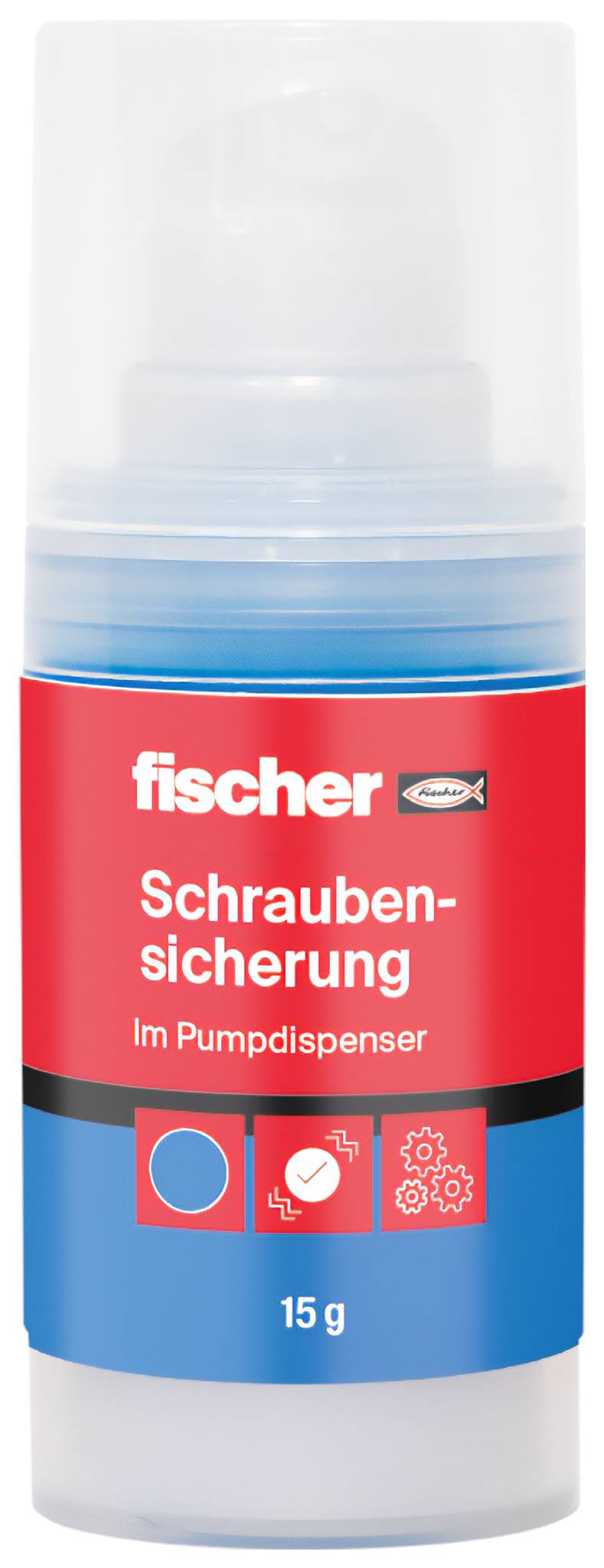 A fischer screw lock adhesive pump dispenser, 15 g, with red and blue label reading 'Schrauben-sicherung im Pumpdispenser'.