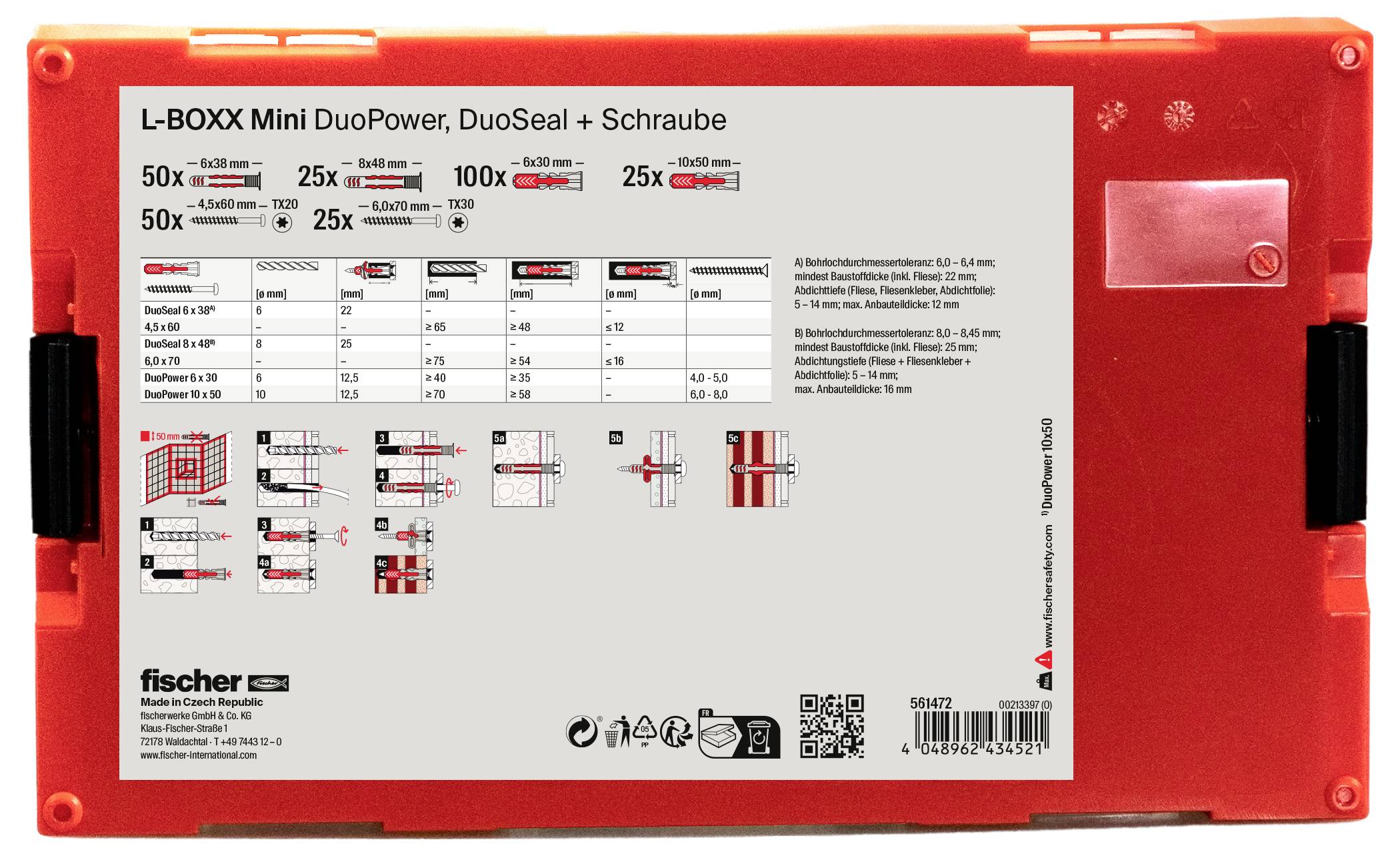 'L-BOXX Mini DuoPower, DuoSeal + Screw' Packaging. Table shows wall plug sizes, drilling depths, and application examples. Contains fischer logo at the bottom.