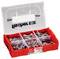 Red plastic storage box with dividers, filled with screws and wall plugs of various sizes, transparent lid with 'fischer' logo.