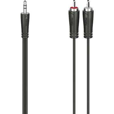 Audio cable with a 3.5 mm jack plug to two RCA phono plugs, one red and one white, suitable for audio connections.