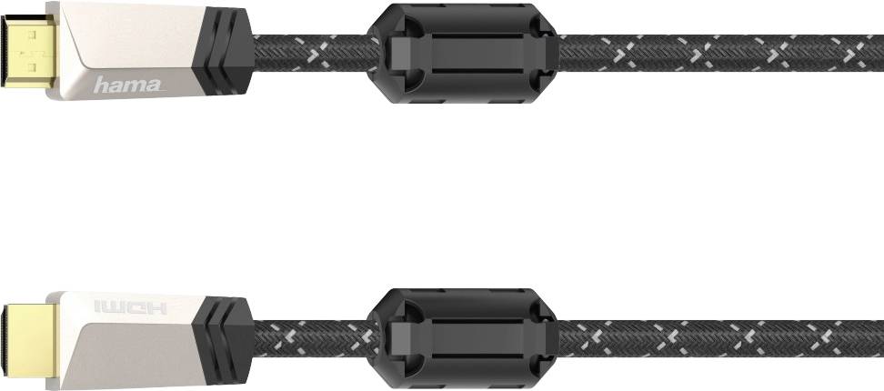 'Hama' HDMI cable, black with textile sheath, two ferrite cores for reduced signal interference, for connecting audio/video devices.