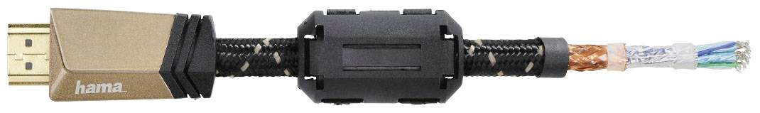 A cut-open HDMI cable reveals internal wires and shielding. On the left, a gold-coloured connector is labelled 'hama'.