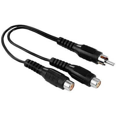 Y-cable with one male and two female audio connectors for signal splitting. Suitable for stereo and AV devices.