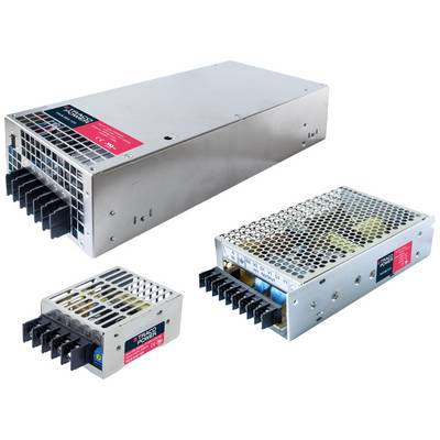 Three silver power supplies in various sizes on a white background. They have open metal grids and black connection terminals.
