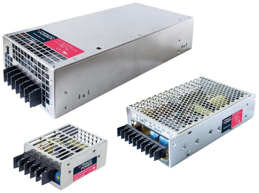 Three switched power supplies with metal enclosures and ventilation grilles. Different sizes, primarily for industrial applications.