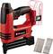 A red, cordless nail gun from Einhell with a black handle. Two stacks of nails are positioned beside it. The battery pack is shown with a dashed outline.