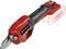 Battery-powered secateurs in Red-Black with ergonomic handle and blades, suitable for garden work. Device without visible battery.