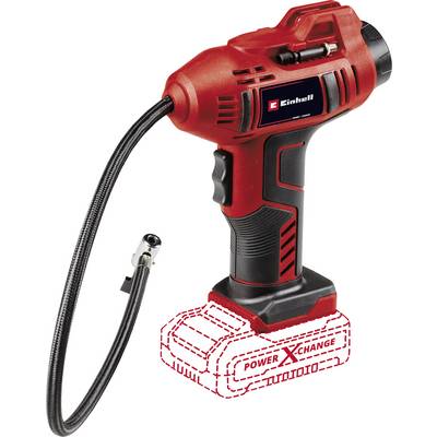 A red electric hand compressor with the Einhell logo, air hose, and nozzle adapter, shown with the battery compartment missing.