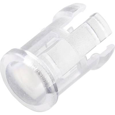 A transparent plastic fixing clip with two curved ends, used for securing components on a surface.