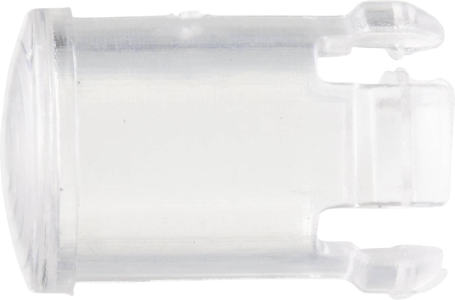 A transparent plastic stand for small electronic components. It has a cylindrical body with stepped ends.