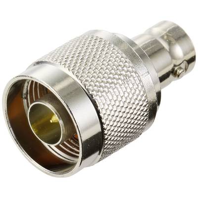 A metallic coaxial plug with knurling, suitable for connecting high-frequency cables in technical applications.
