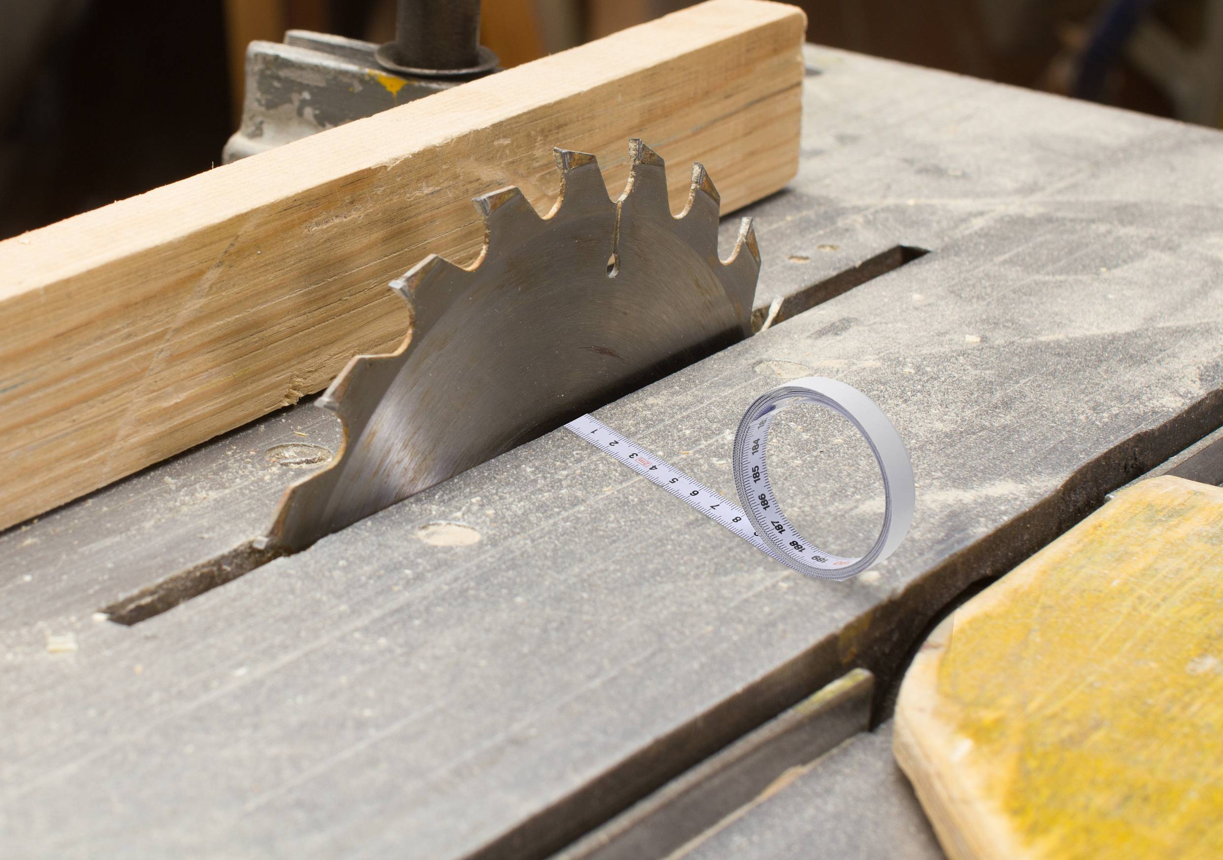 Circular saw blade on a table, with a tape measure beside it.